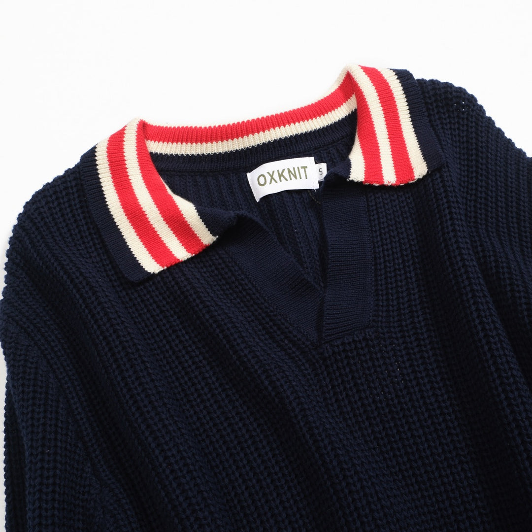 Dunkelblauer Retro-Strickpullover für Herren mit V-Ausschnitt