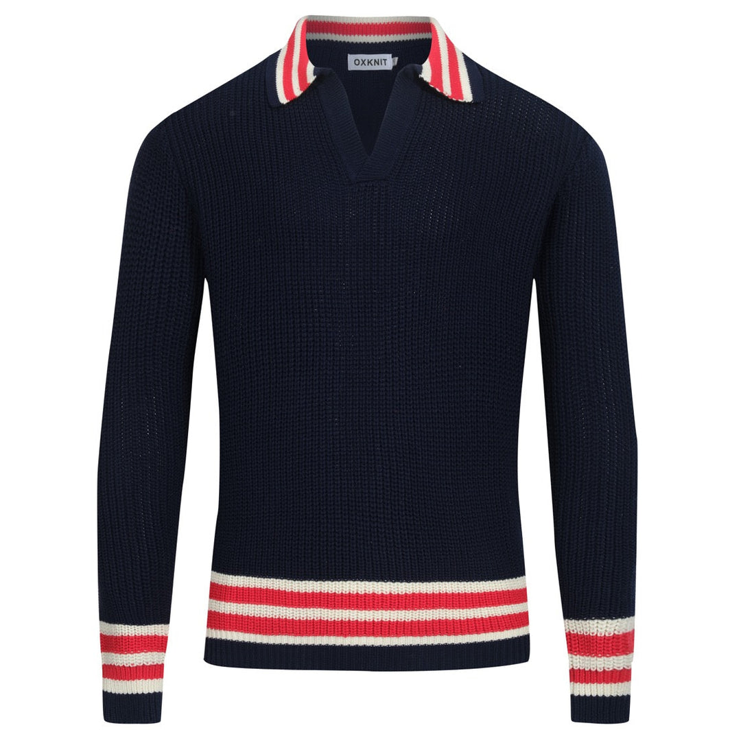 Dunkelblauer Retro-Strickpullover für Herren mit V-Ausschnitt