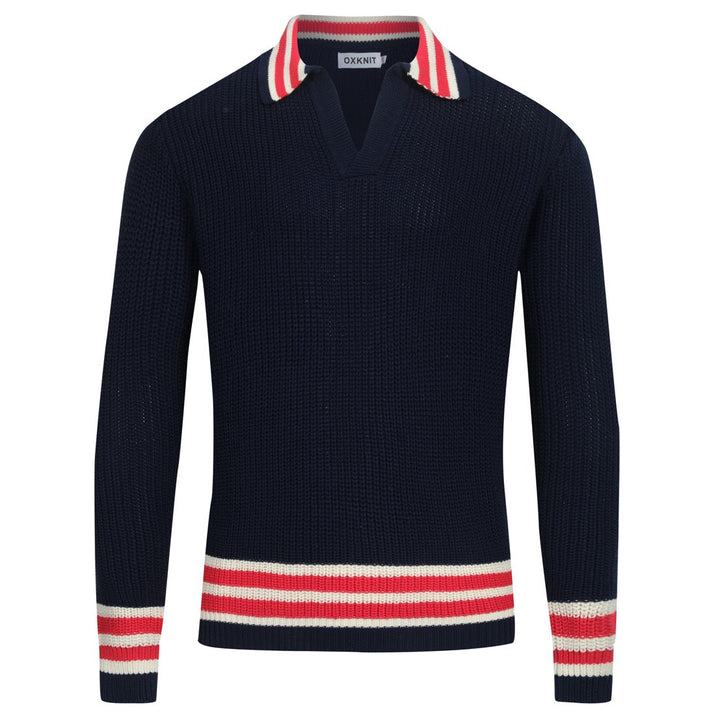 Dunkelblauer Retro-Strickpullover für Herren mit V-Ausschnitt