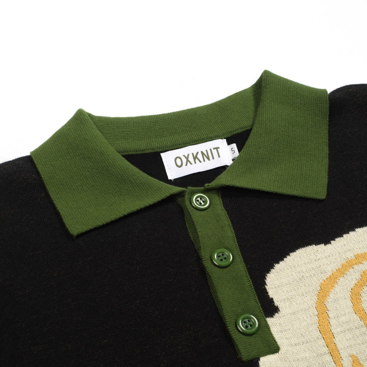 Men's black rose jacquard vintage polo knitwear