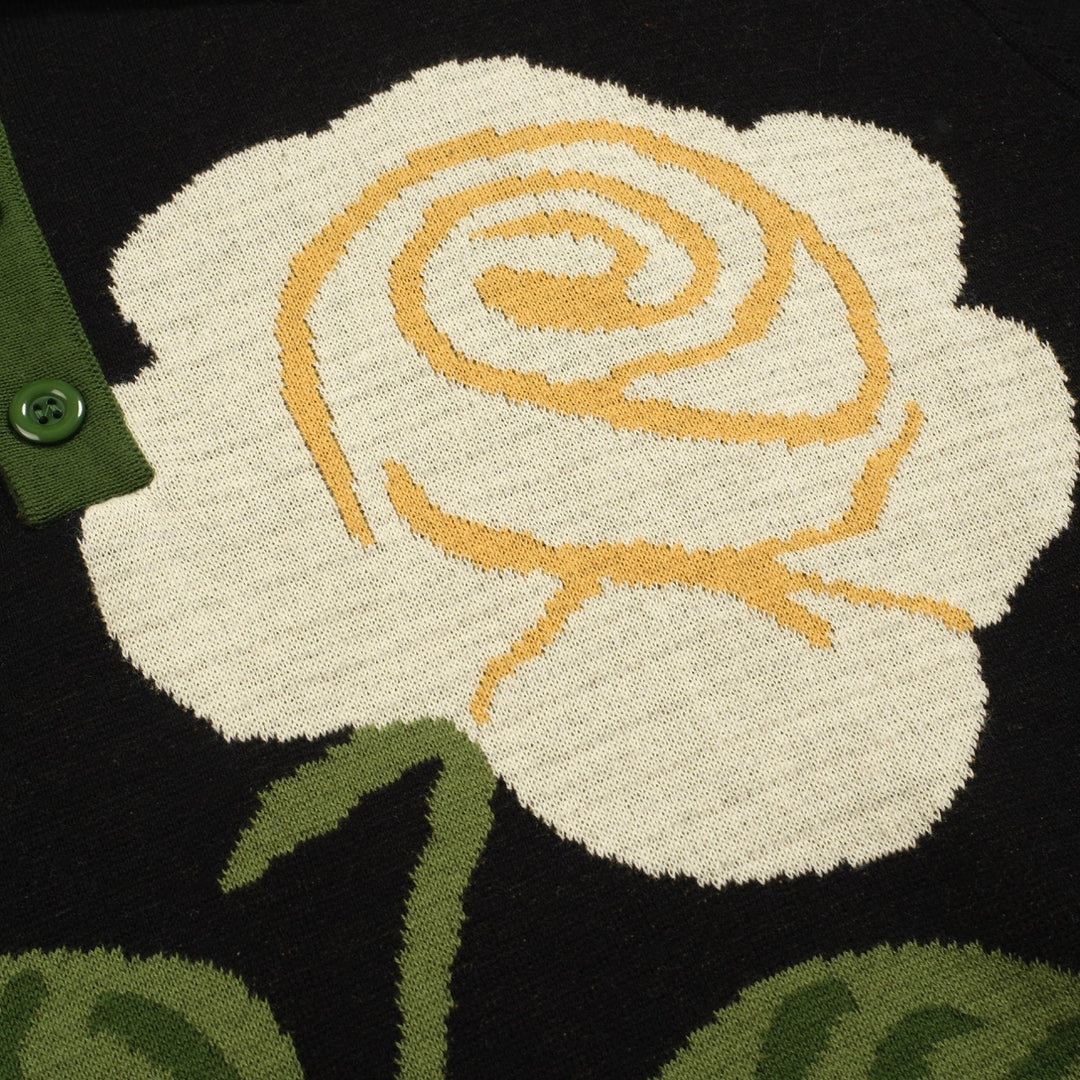 Men's black rose jacquard vintage polo knitwear