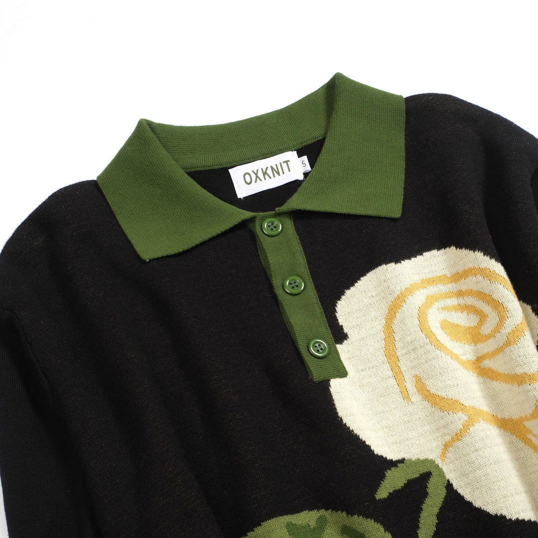 Men's black rose jacquard vintage polo knitwear