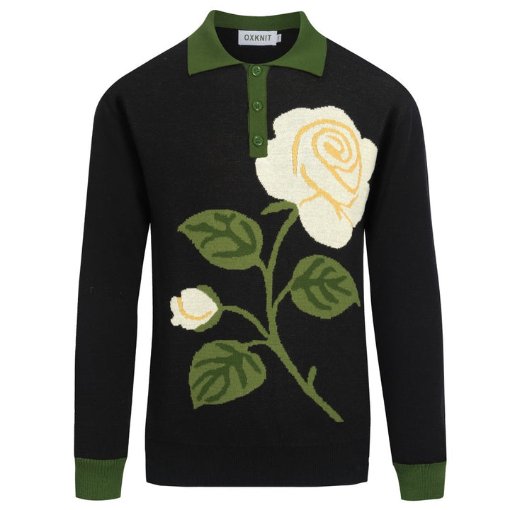 Men's black rose jacquard vintage polo knitwear