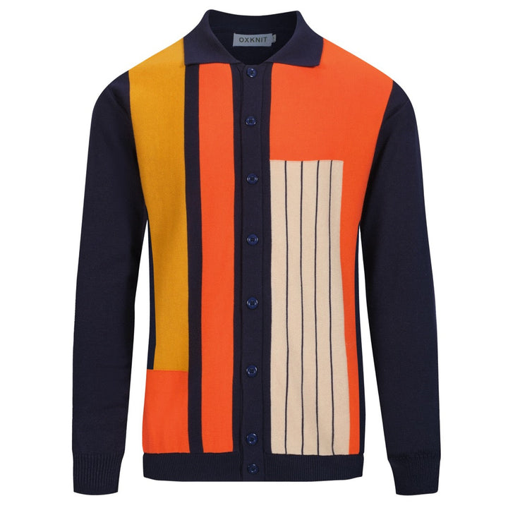 Men's dark blue vintage jacquard knitted cardigan