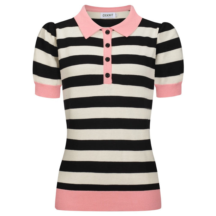 Polo de mujer de punto a rayas negro con manga burbuja