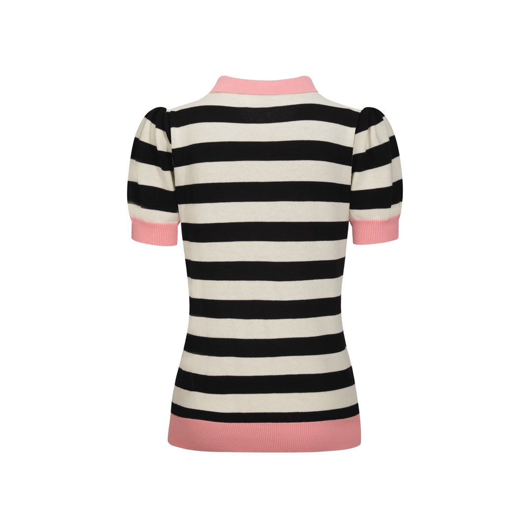 Polo de mujer de punto a rayas negro con manga burbuja