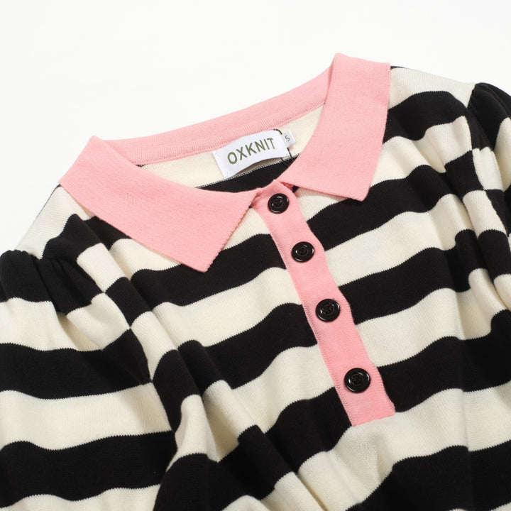 Polo de mujer de punto a rayas negro con manga burbuja