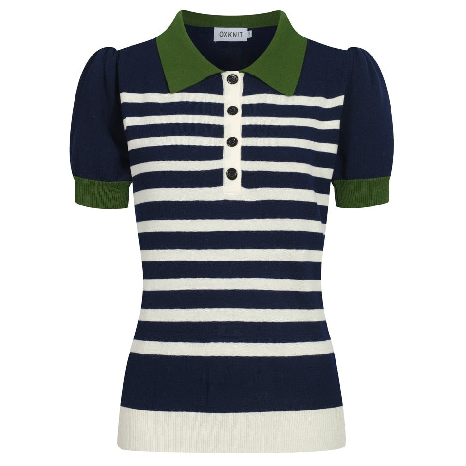 Mörkblårandig stickad puffärmad pikétröja för kvinnor