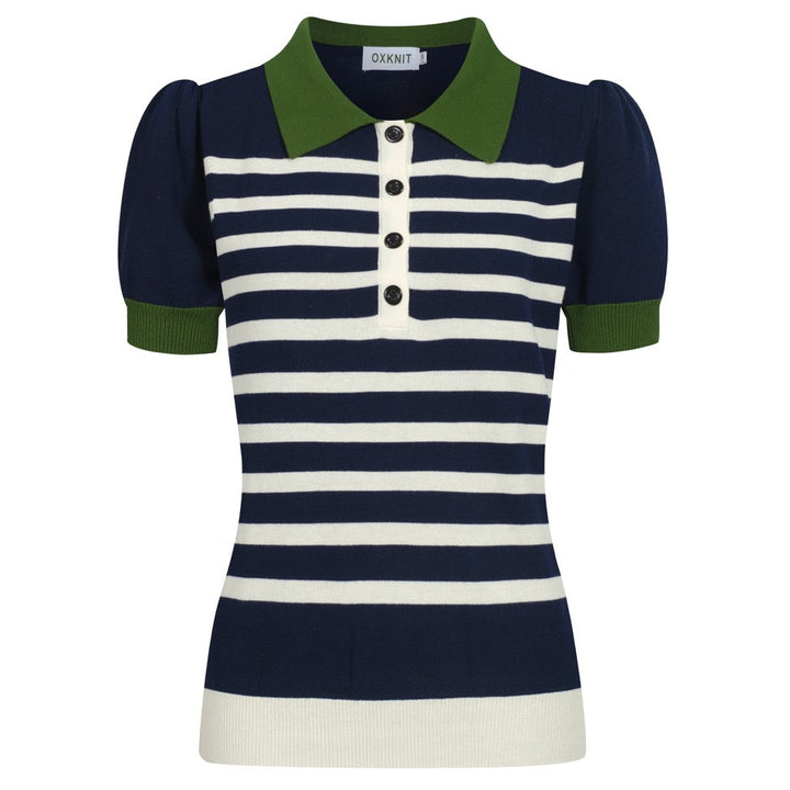 Mörkblårandig stickad puffärmad pikétröja för kvinnor