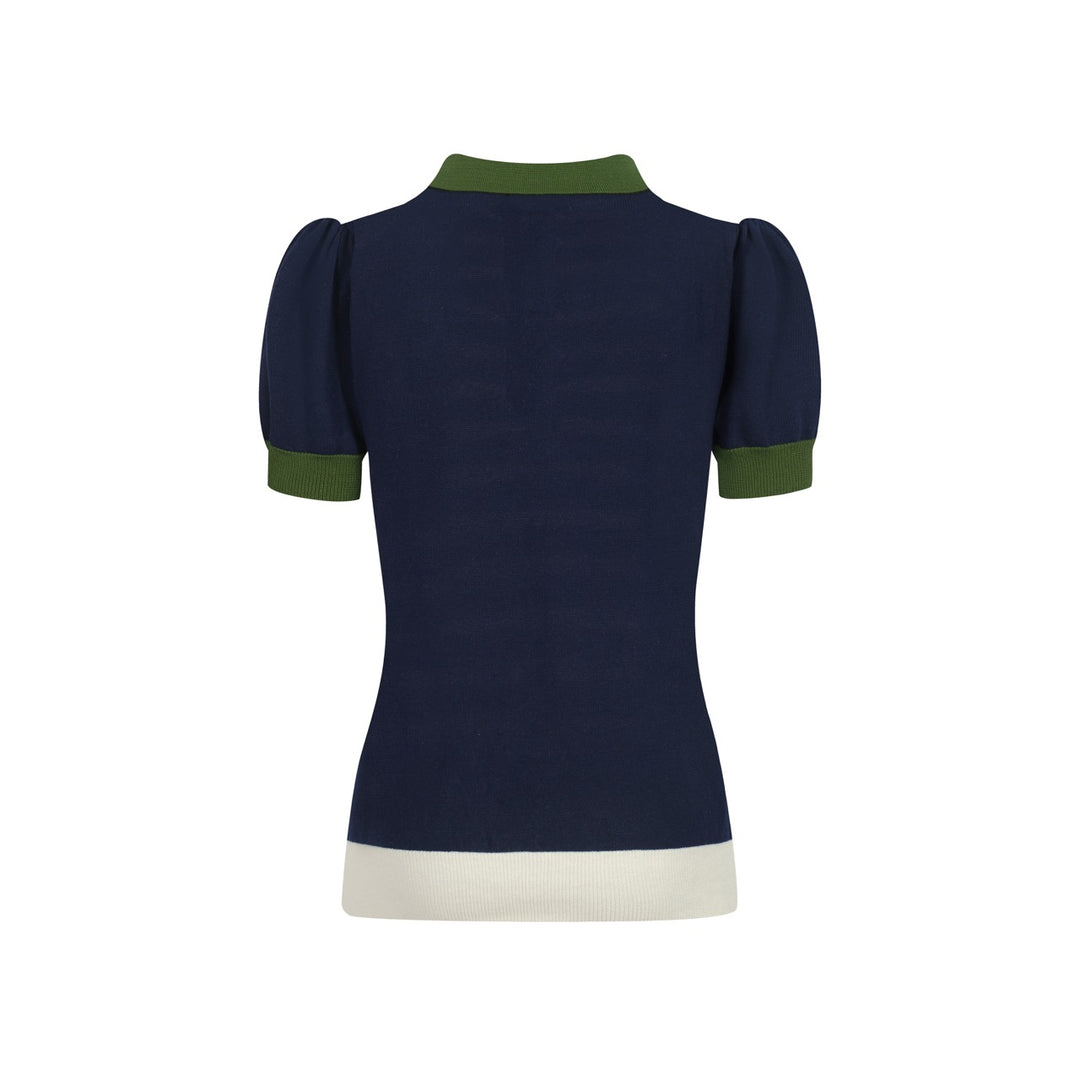 Mörkblårandig stickad puffärmad pikétröja för kvinnor