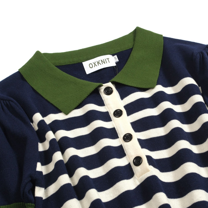 Mörkblårandig stickad puffärmad pikétröja för kvinnor