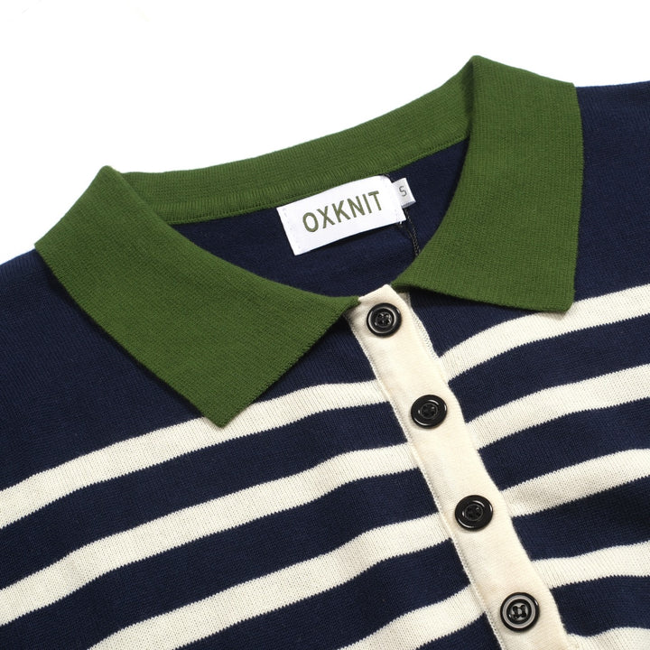 Mörkblårandig stickad puffärmad pikétröja för kvinnor