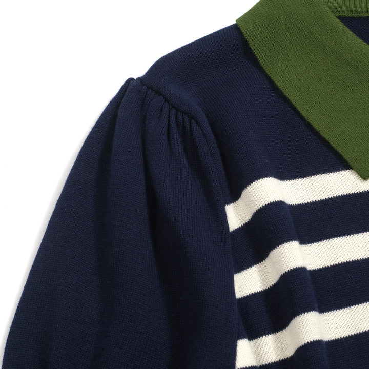 Mörkblårandig stickad puffärmad pikétröja för kvinnor