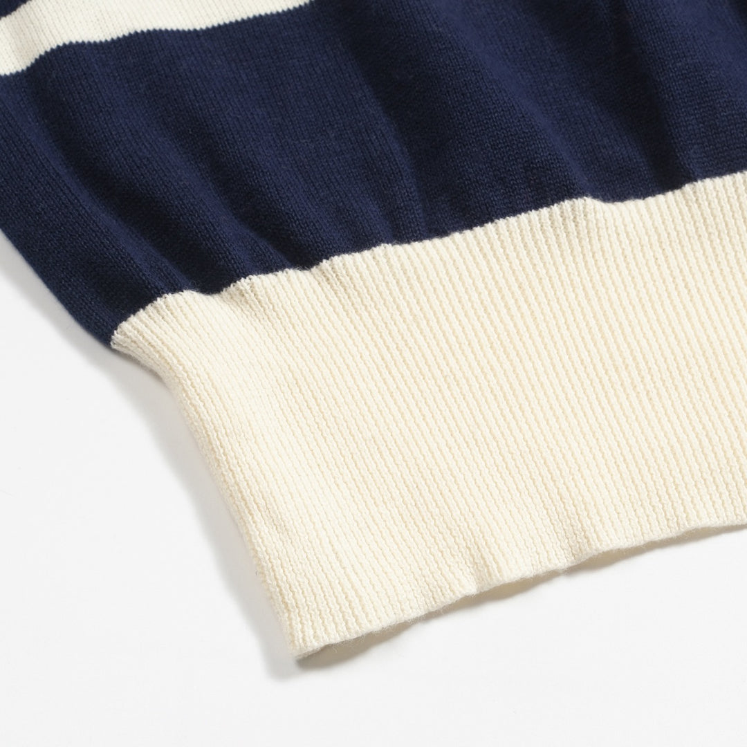 Mörkblårandig stickad puffärmad pikétröja för kvinnor