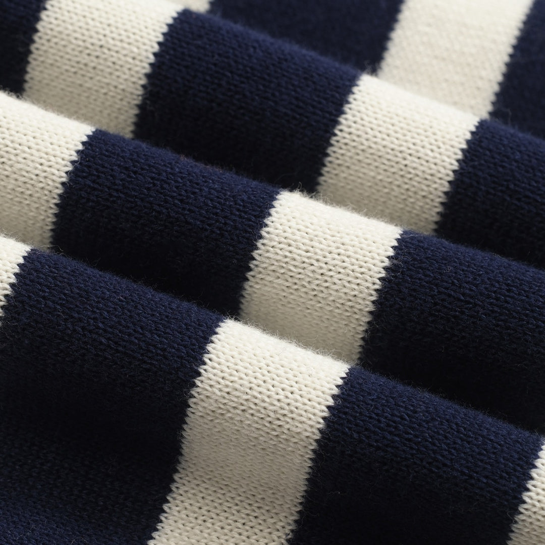 Mörkblårandig stickad puffärmad pikétröja för kvinnor