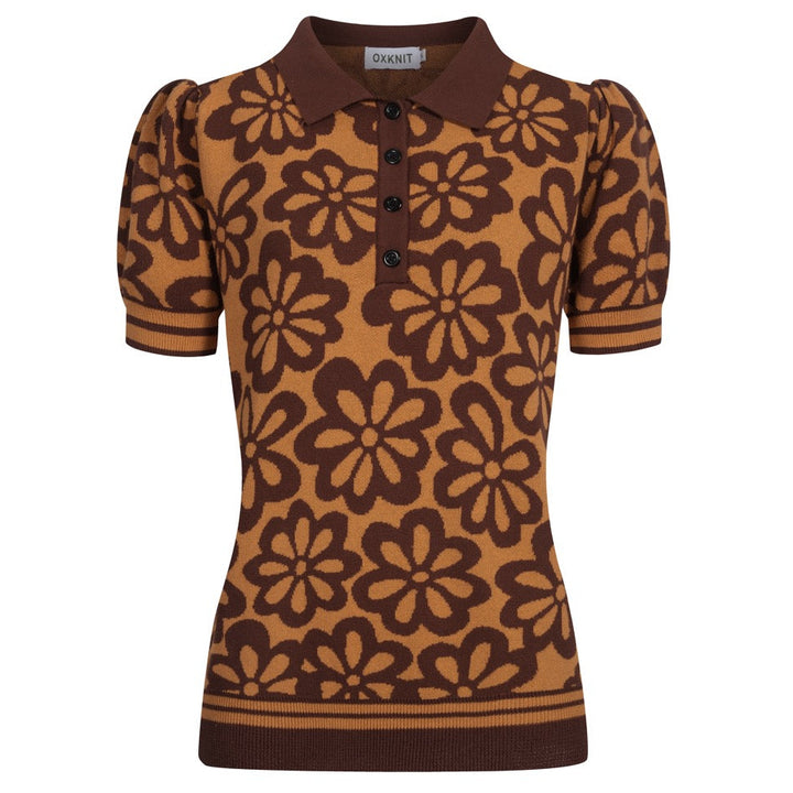 Women's vintage brown jacquard bubble sleeve polo