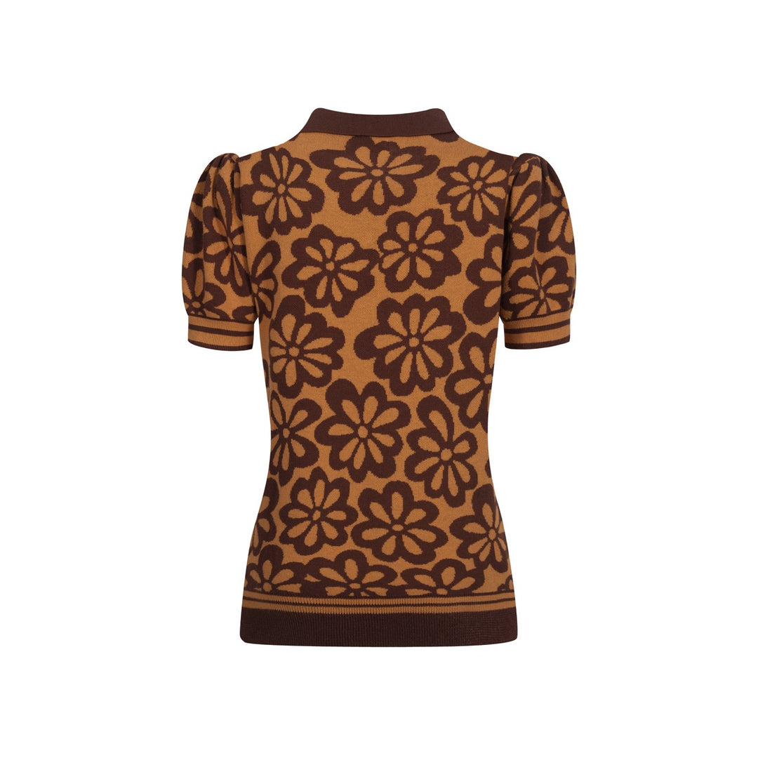 Women's vintage brown jacquard bubble sleeve polo