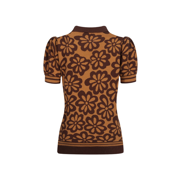 Women's vintage brown jacquard bubble sleeve polo