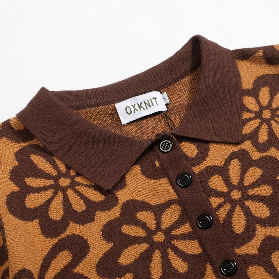 Women's vintage brown jacquard bubble sleeve polo