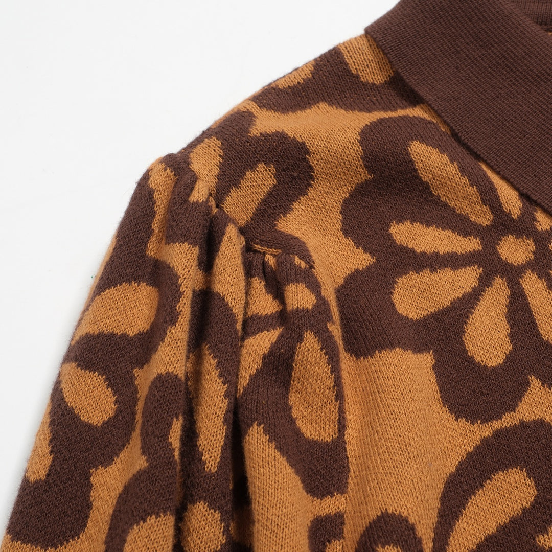 Women's vintage brown jacquard bubble sleeve polo