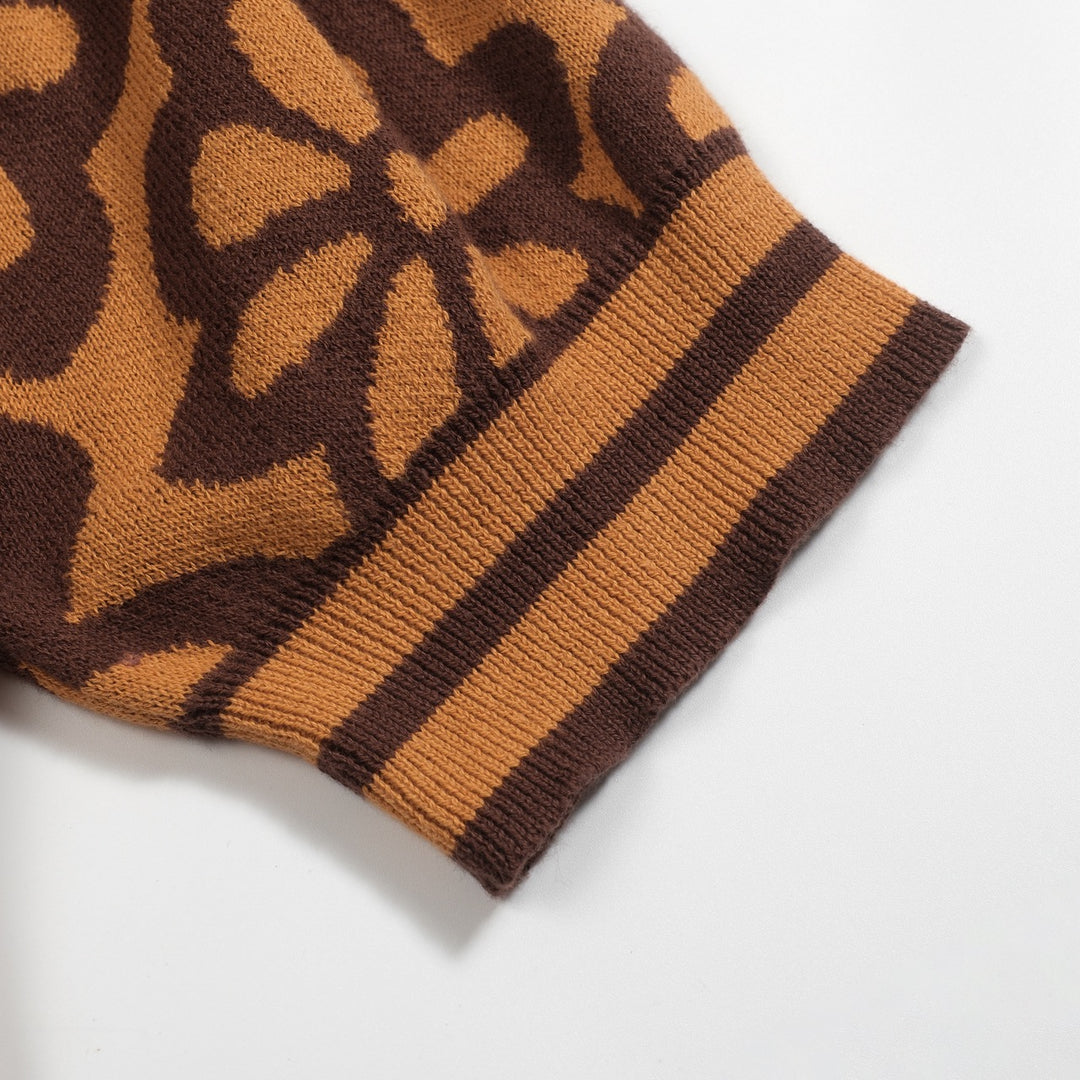 Women's vintage brown jacquard bubble sleeve polo