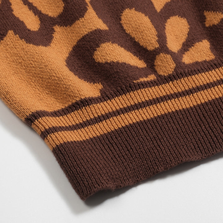 Women's vintage brown jacquard bubble sleeve polo