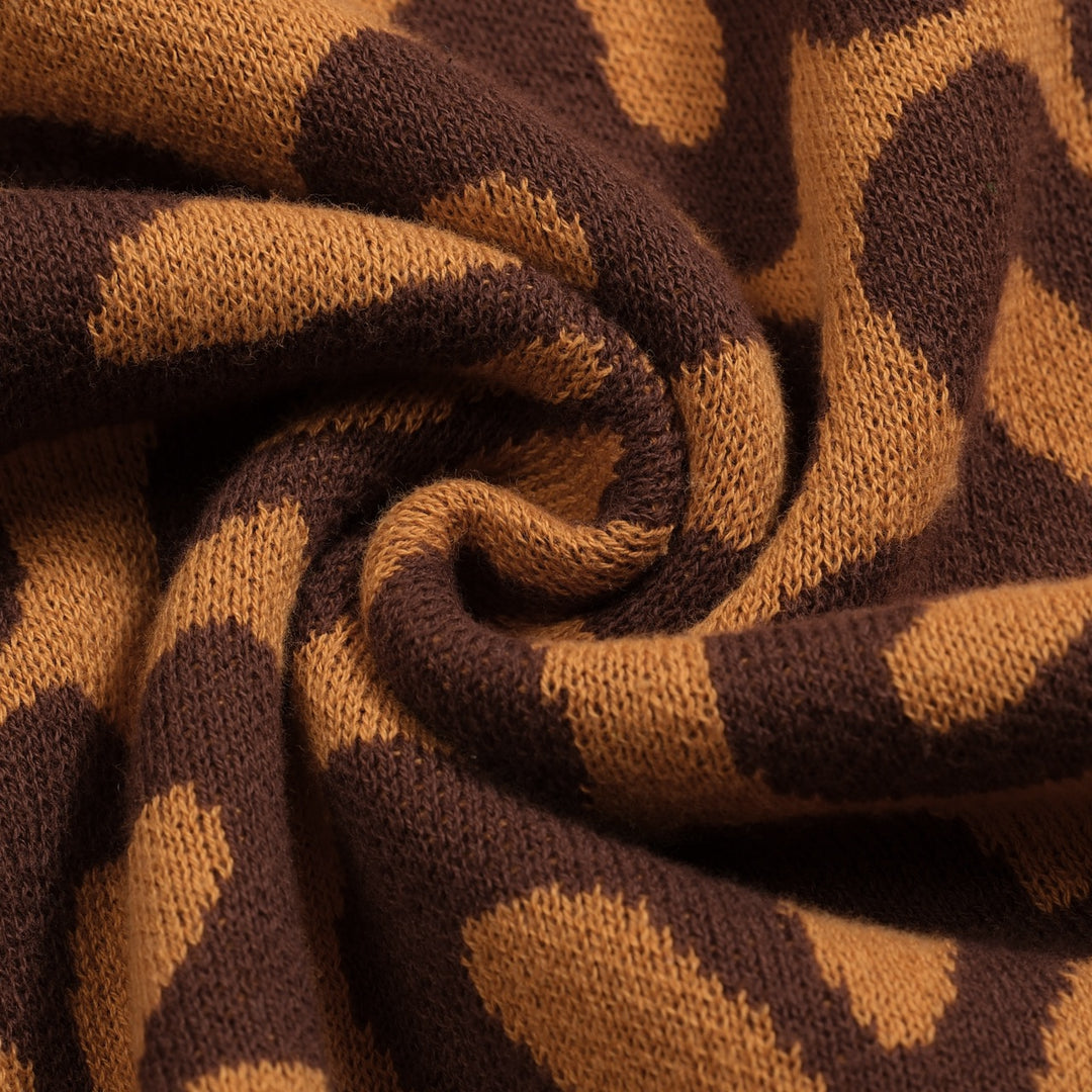 Women's vintage brown jacquard bubble sleeve polo