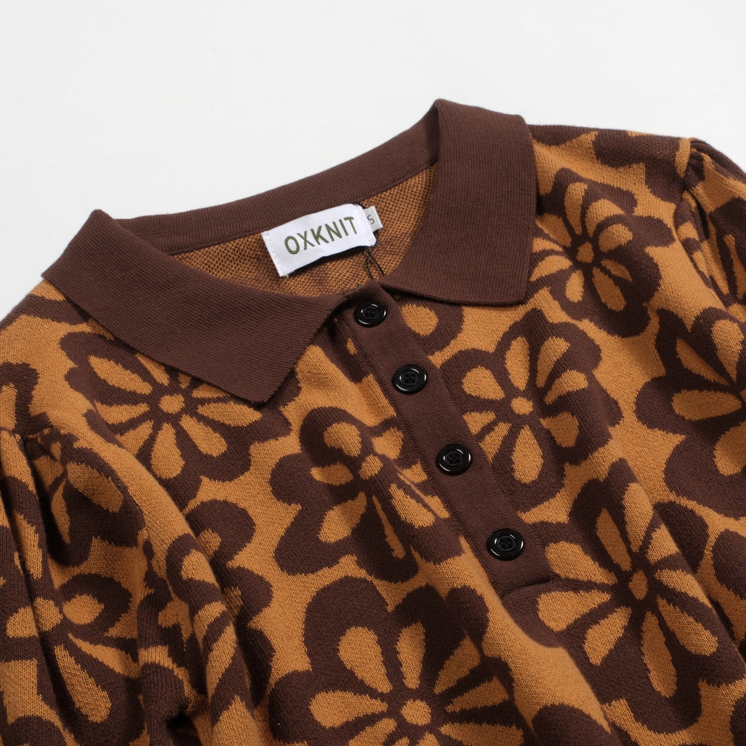Women's vintage brown jacquard bubble sleeve polo