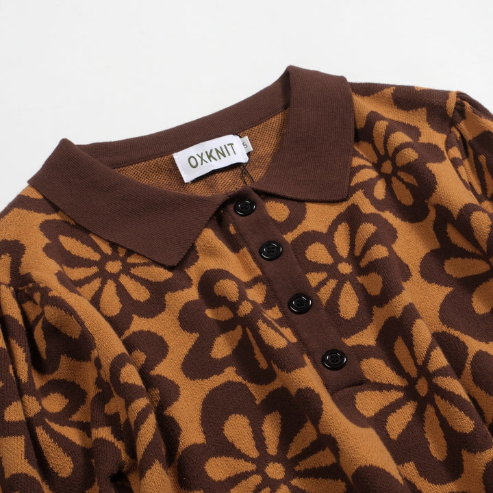 Women's vintage brown jacquard bubble sleeve polo