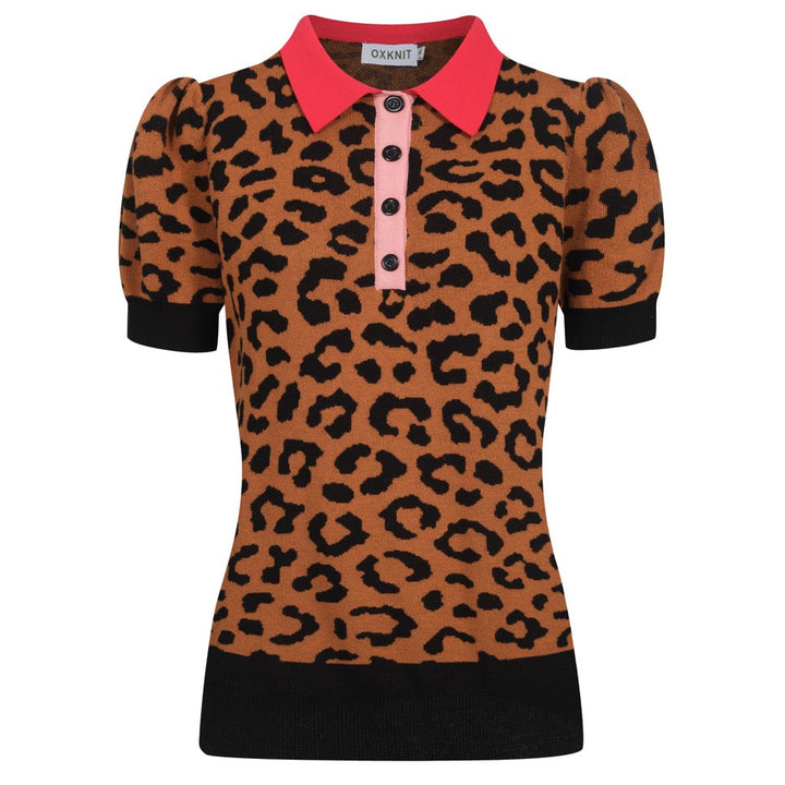 Polo da donna con maniche a sbuffo stampa leopardo marrone