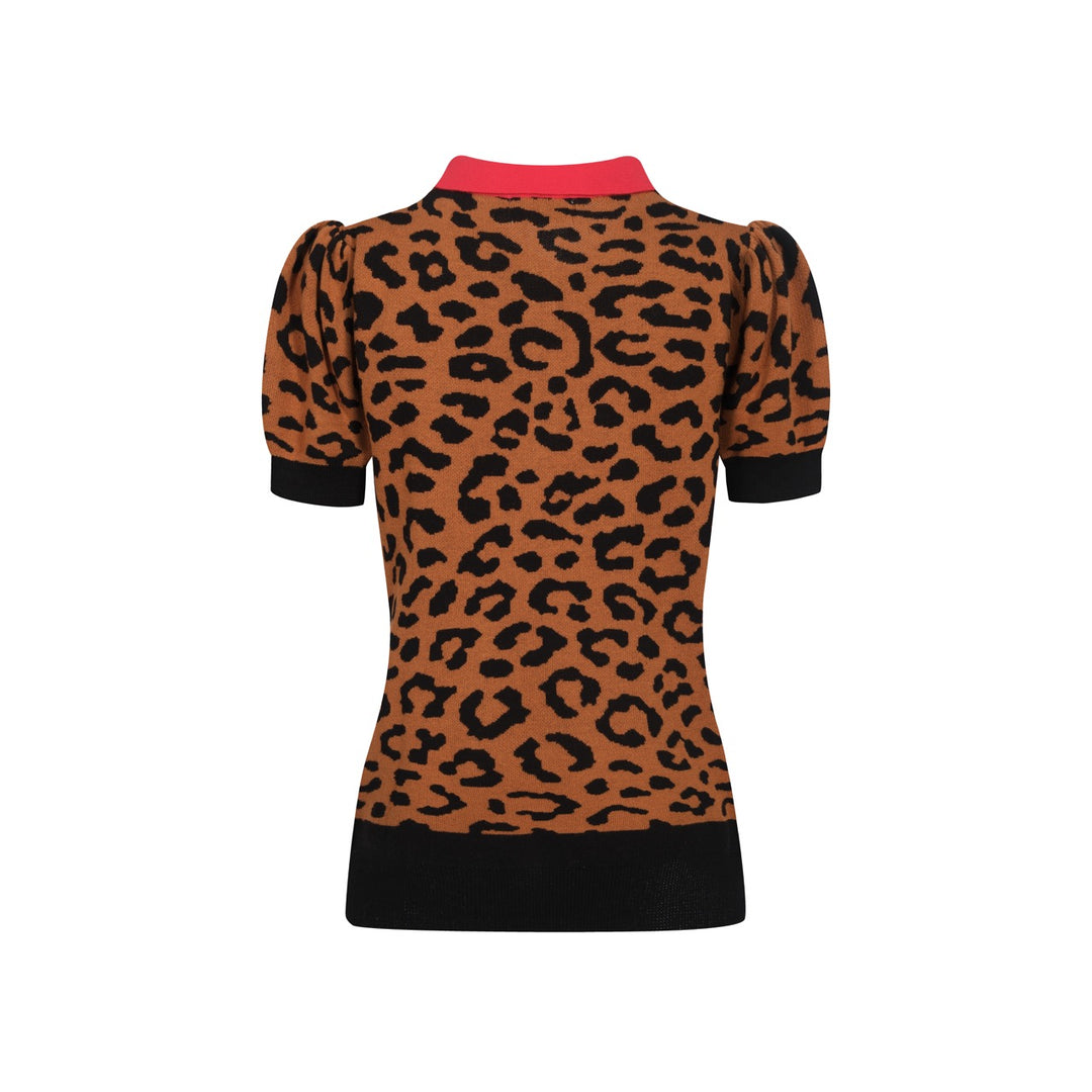 Polo da donna con maniche a sbuffo stampa leopardo marrone