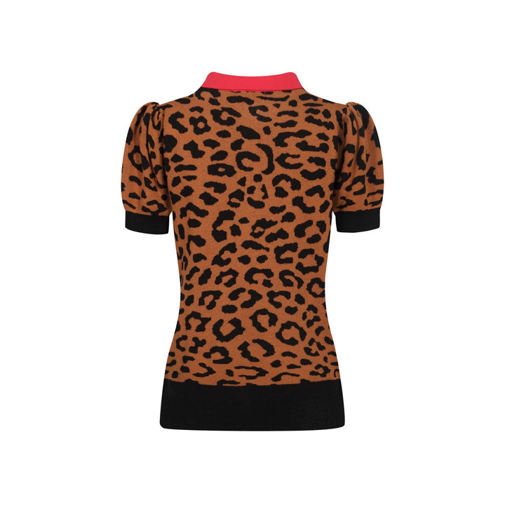 Polo da donna con maniche a sbuffo stampa leopardo marrone