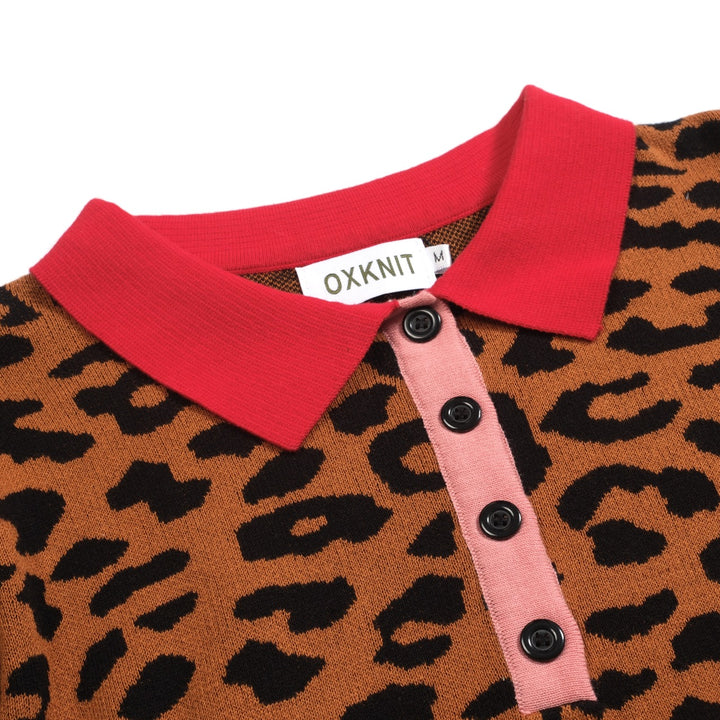 Polo da donna con maniche a sbuffo stampa leopardo marrone