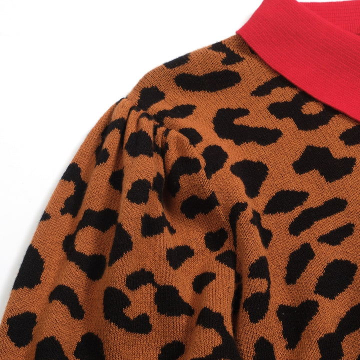 Polo da donna con maniche a sbuffo stampa leopardo marrone