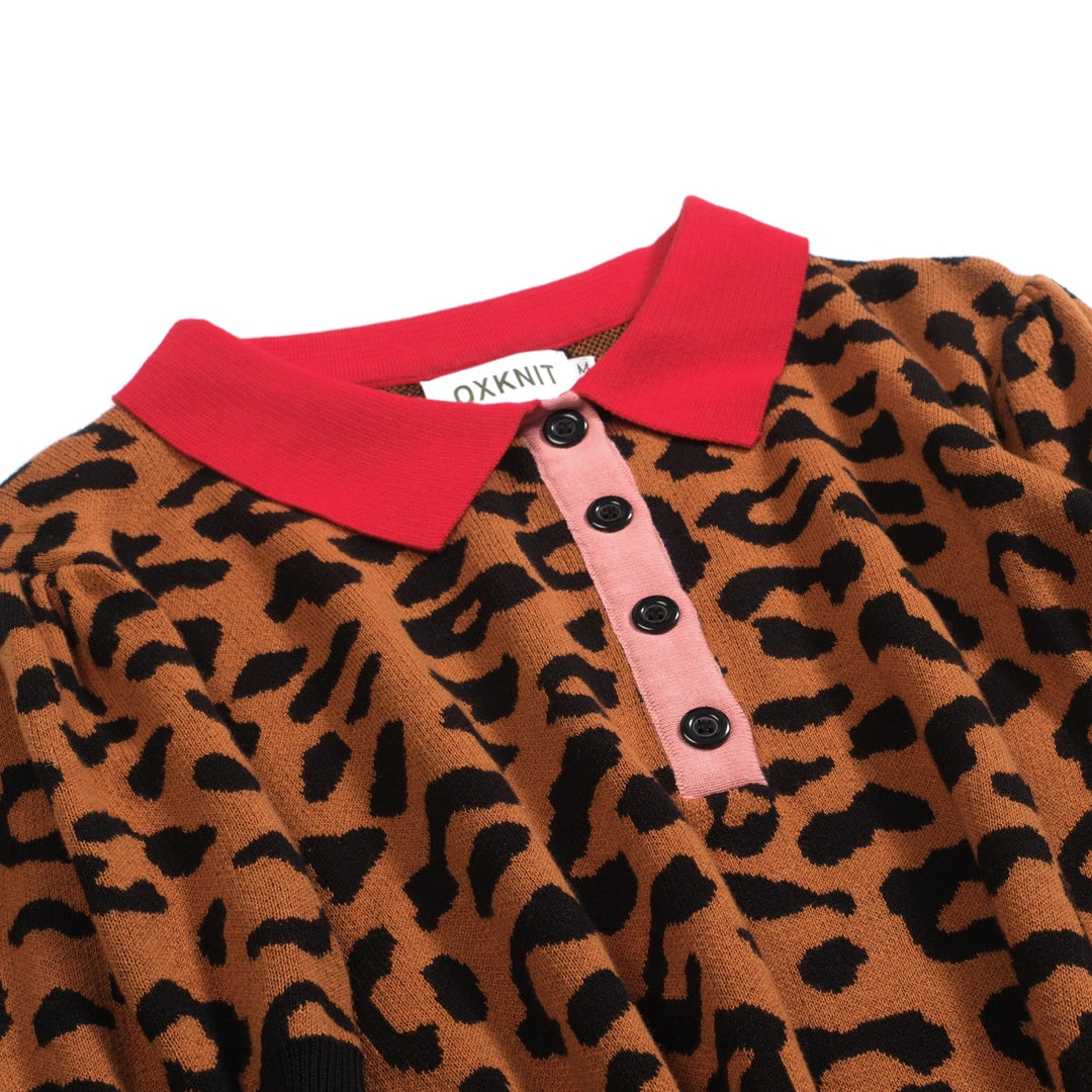 Polo da donna con maniche a sbuffo stampa leopardo marrone