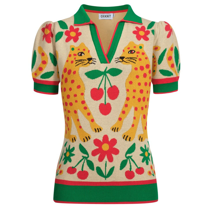 Kvinnors gröna Animal Garden stickad bubbelärm pikétröja