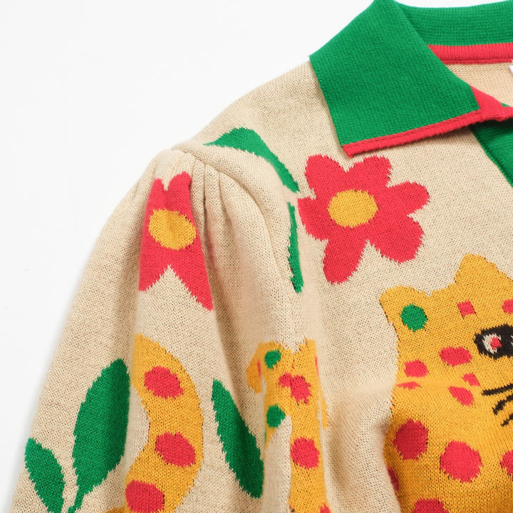 Kvinnors gröna Animal Garden stickad bubbelärm pikétröja