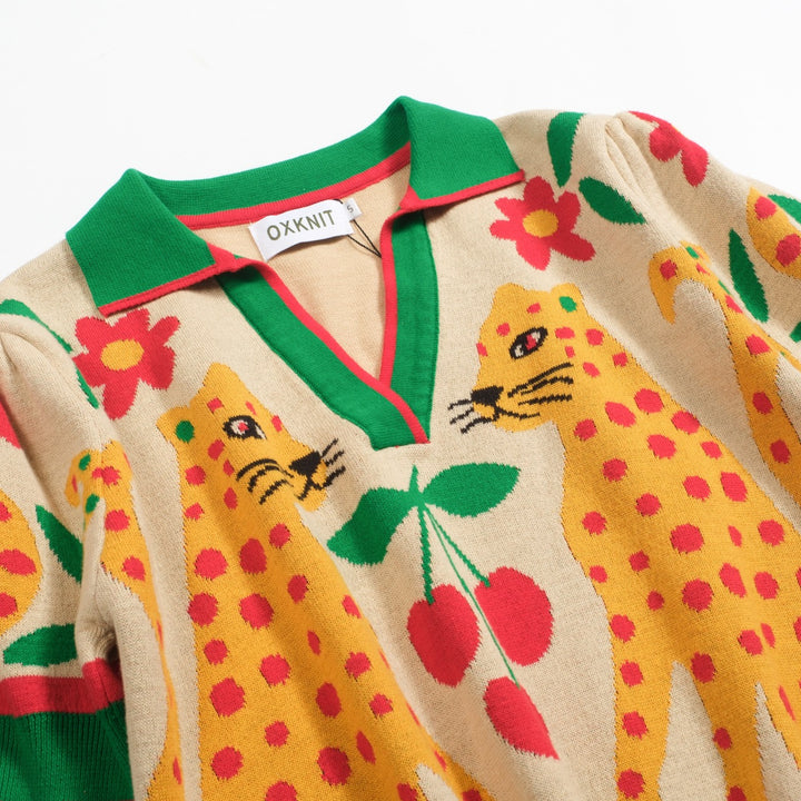 Kvinnors gröna Animal Garden stickad bubbelärm pikétröja