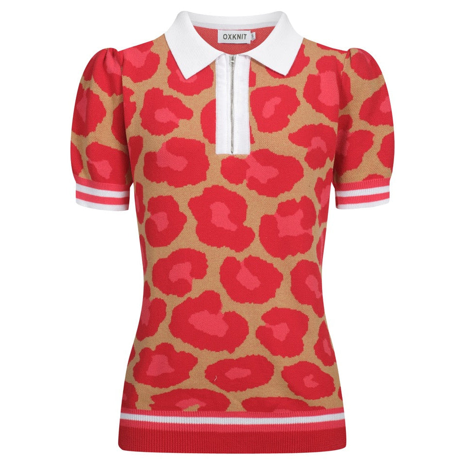Women's leopard print jacquard V-neck zipper polo shirt – OXKnit