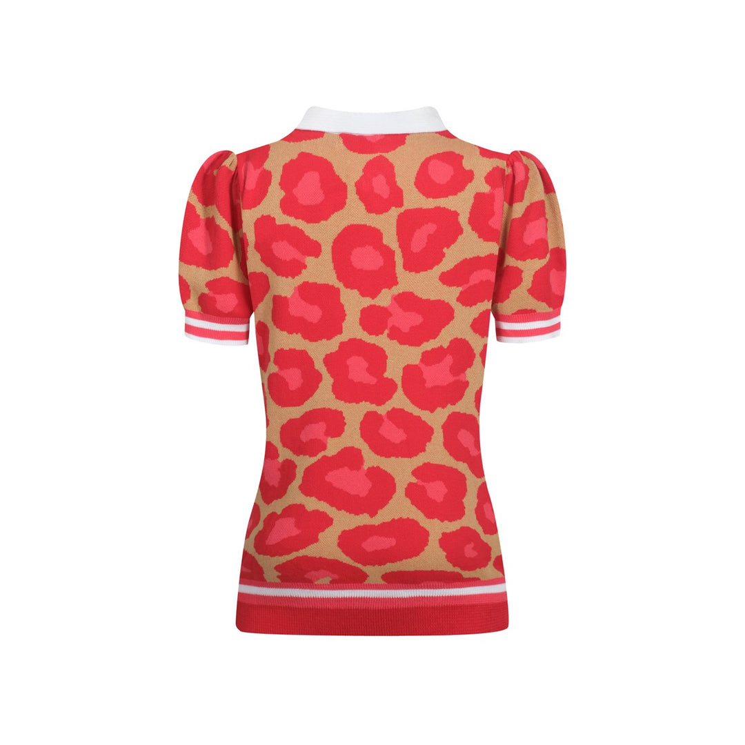 Leopardmönstrad pikétröja i jacquard med V-ringad dragkedja för kvinnor