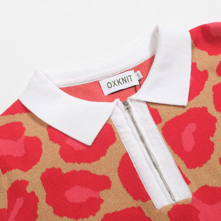 Leopardmönstrad pikétröja i jacquard med V-ringad dragkedja för kvinnor