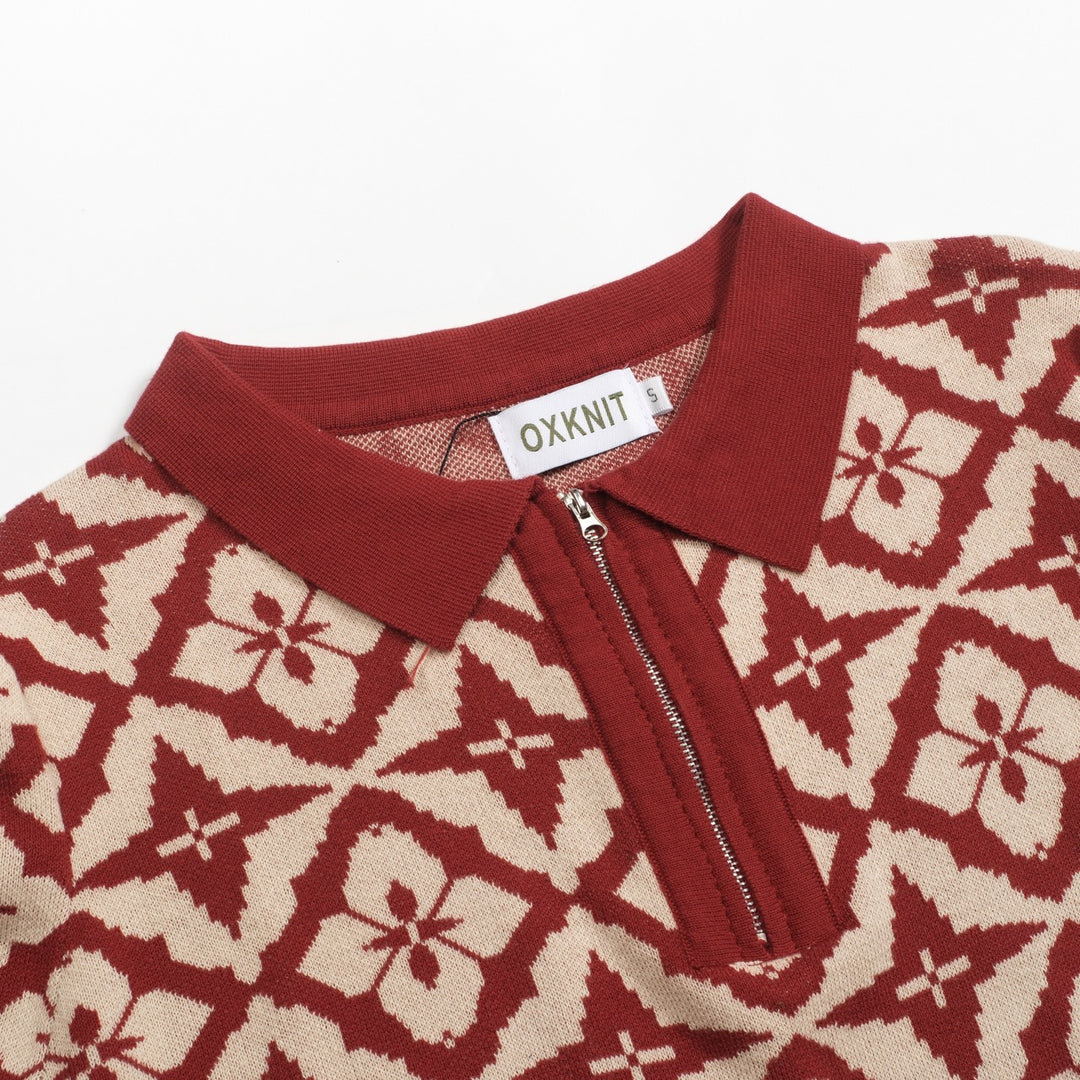 Women's vintage red jacquard zipper V-neck polo