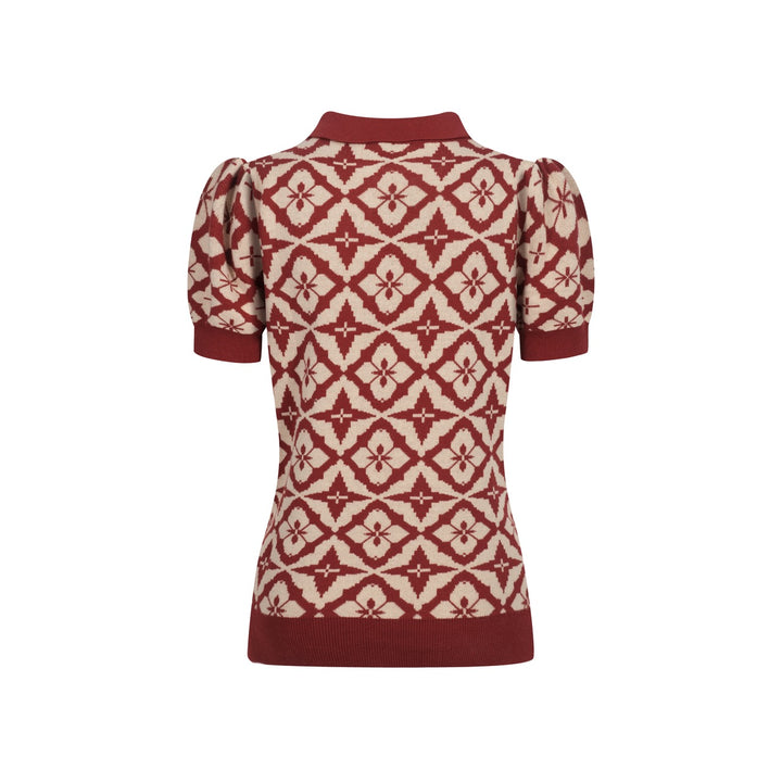 Women's vintage red jacquard zipper V-neck polo