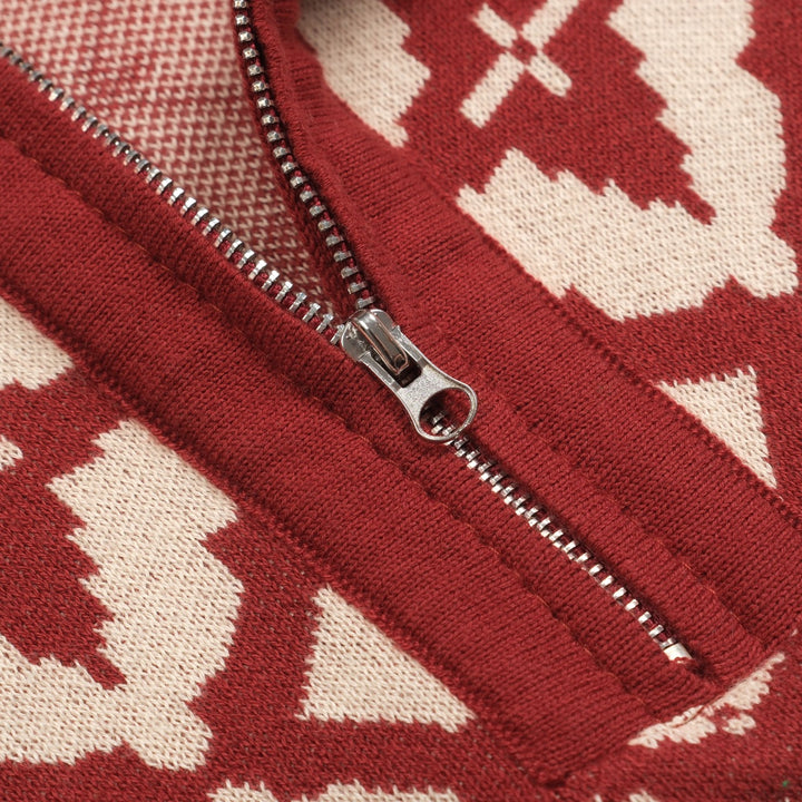 Women's vintage red jacquard zipper V-neck polo