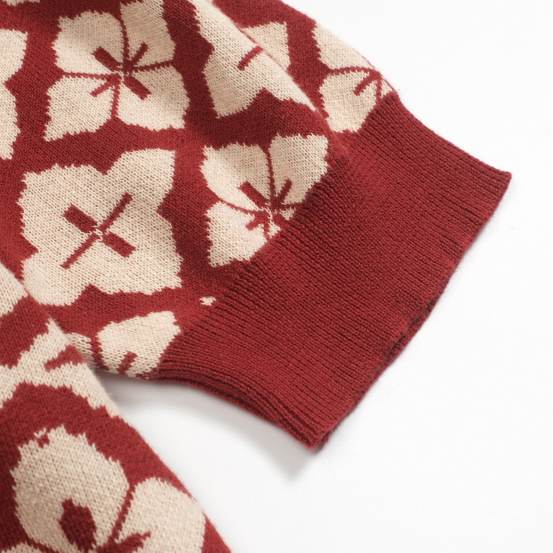 Women's vintage red jacquard zipper V-neck polo