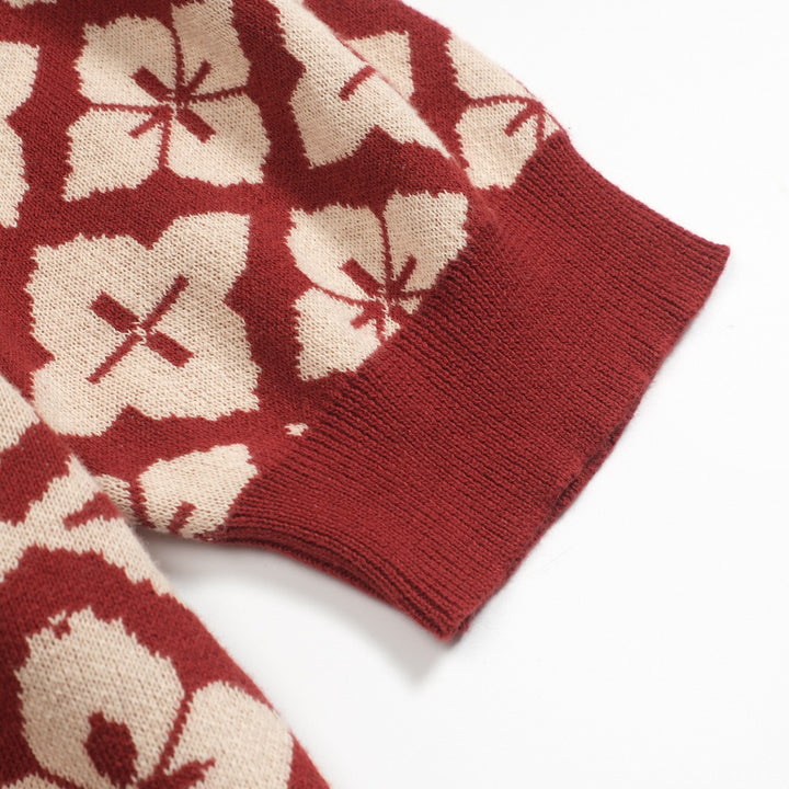 Women's vintage red jacquard zipper V-neck polo