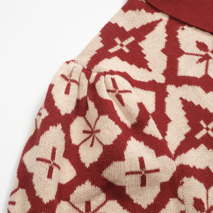 Women's vintage red jacquard zipper V-neck polo