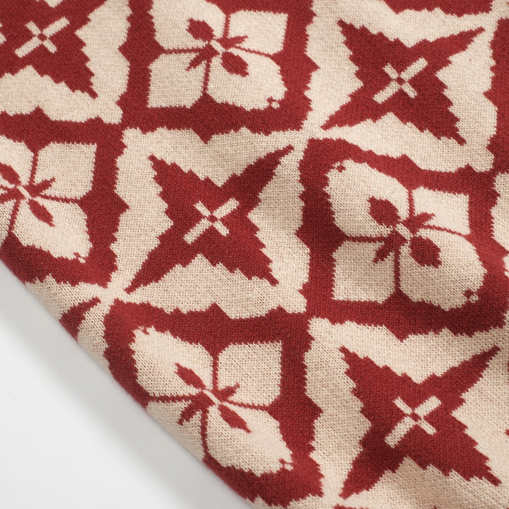 Women's vintage red jacquard zipper V-neck polo