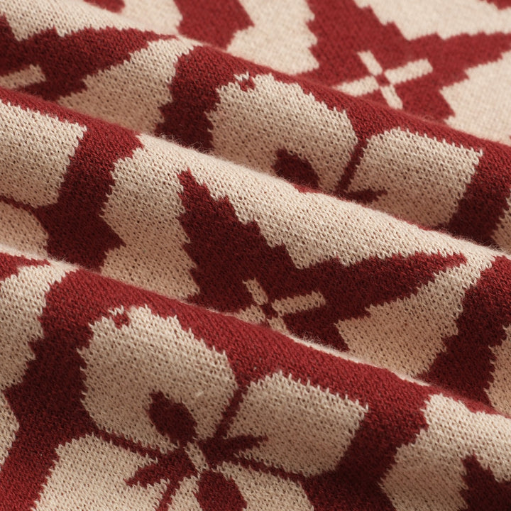 Women's vintage red jacquard zipper V-neck polo