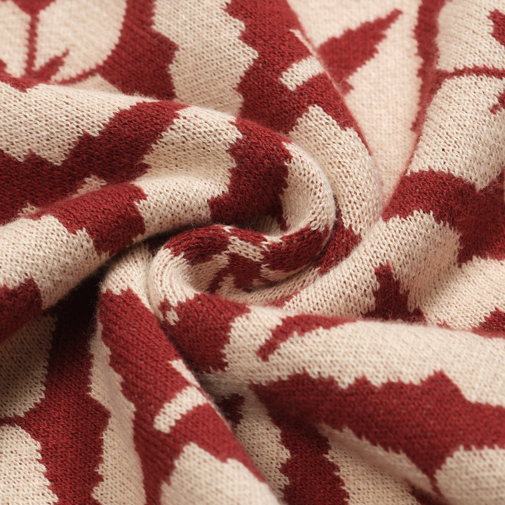 Women's vintage red jacquard zipper V-neck polo